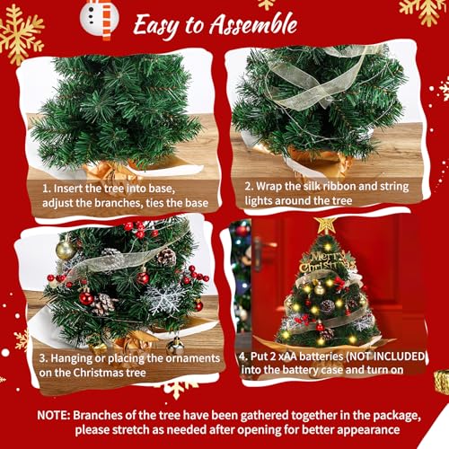 Mini árvore de Natal de mesa de 59,9 cm com luzes, Jhua mini árvore de Natal com ornamentos, decoraç