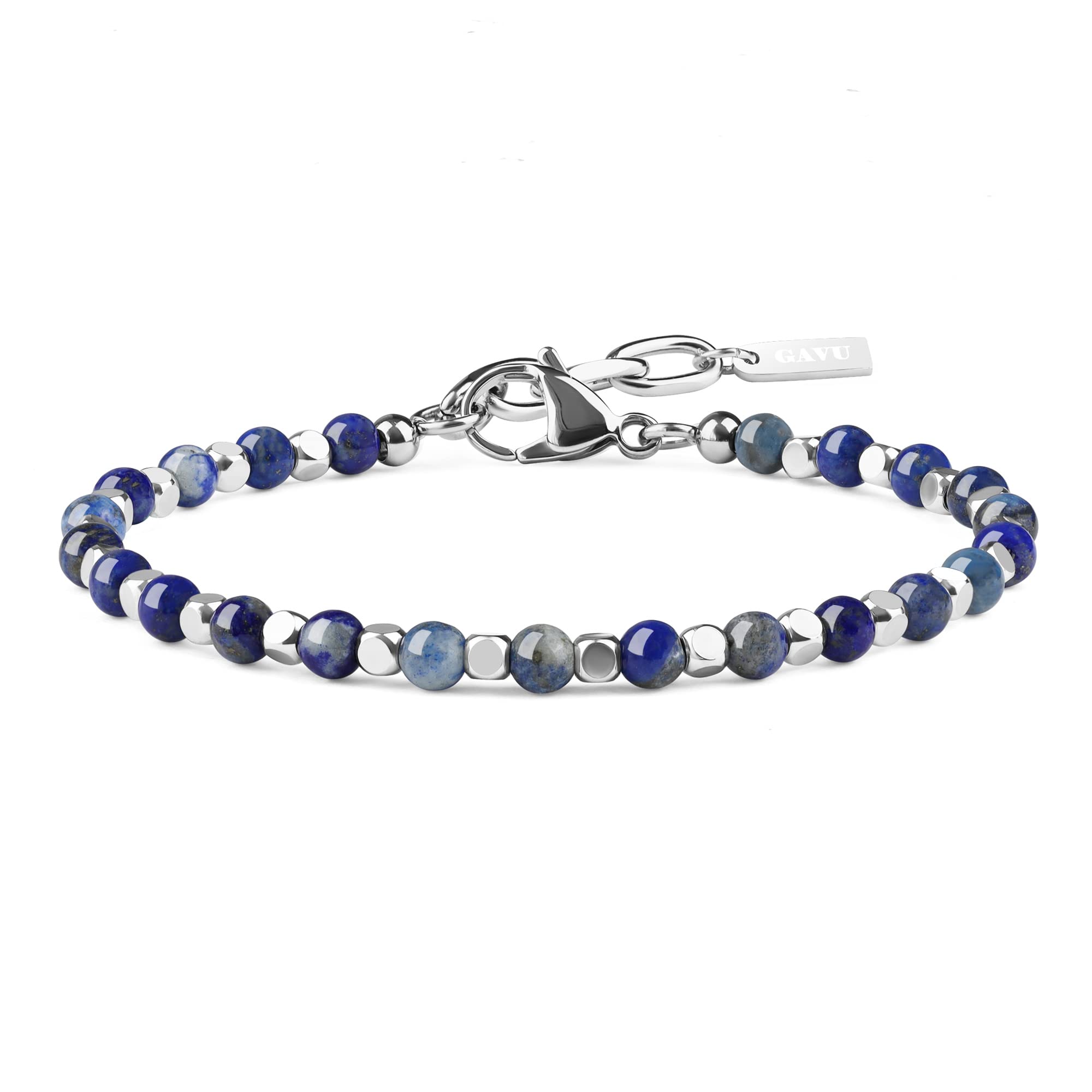 GAVU Pulsera para Hombre con Cuentas de Piedra Natural y Pepitas Cuadradas de Acero Inoxidable