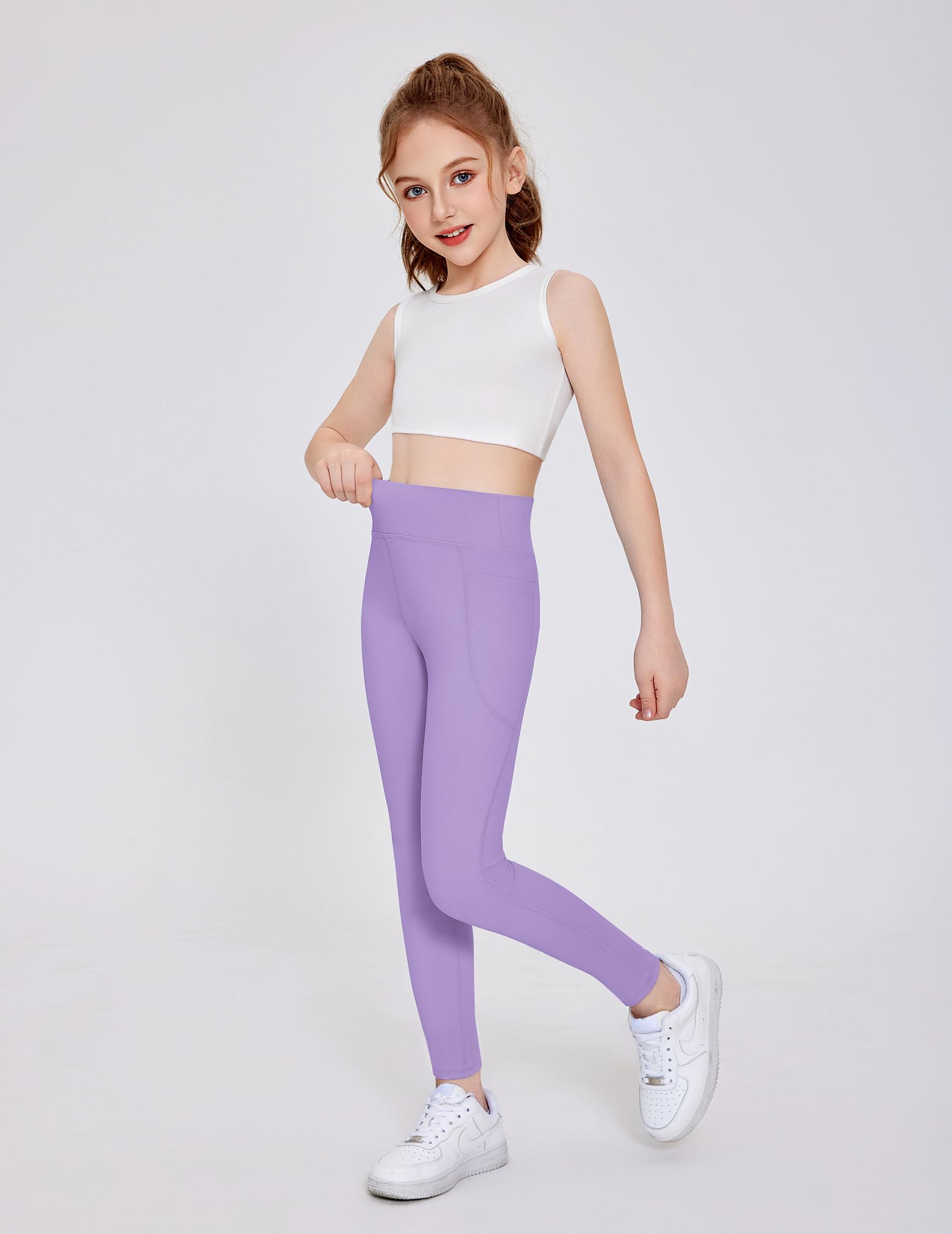 Arshiner Mädchen Leggings Kinder Lang Sportleggins Einfarbig Hohe Taille Sporthose Basic Elastisch Leggings Jogging Training Yoga Hosen mit Taschen 5-14 Jahre - 5