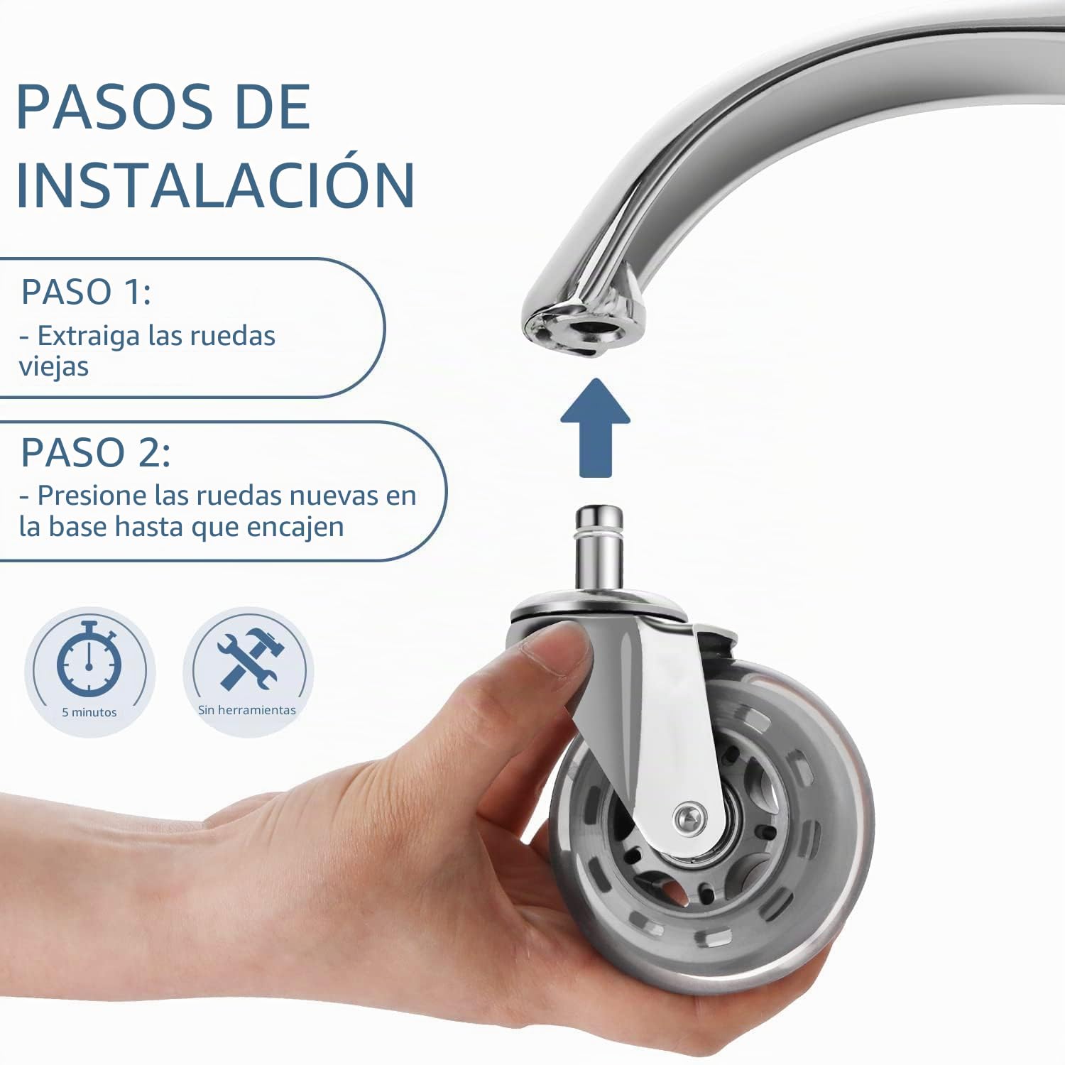 Sytopia Ruedas para silla de oficina con pasador de 10 mm x 22 mm, juego de 5 ruedas grandes para suelos de parqué y alfombras, ruedas supersilenciosas y suaves para suelos duros, solo compatibles con