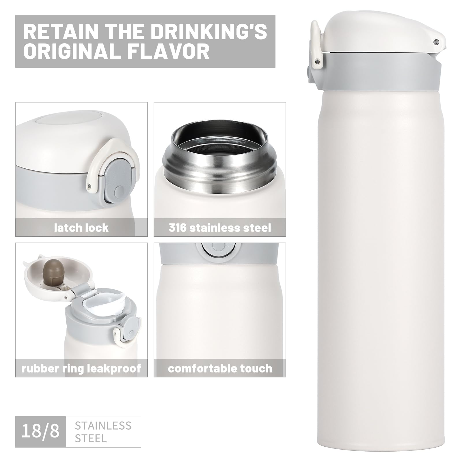 Cantimplora Botella de agua aislada de 500 ml con tapa abatible a presión, taza de viaje térmica de acero inoxidable, botella a prueba de fugas para bebidas calientes y frías, color blanco