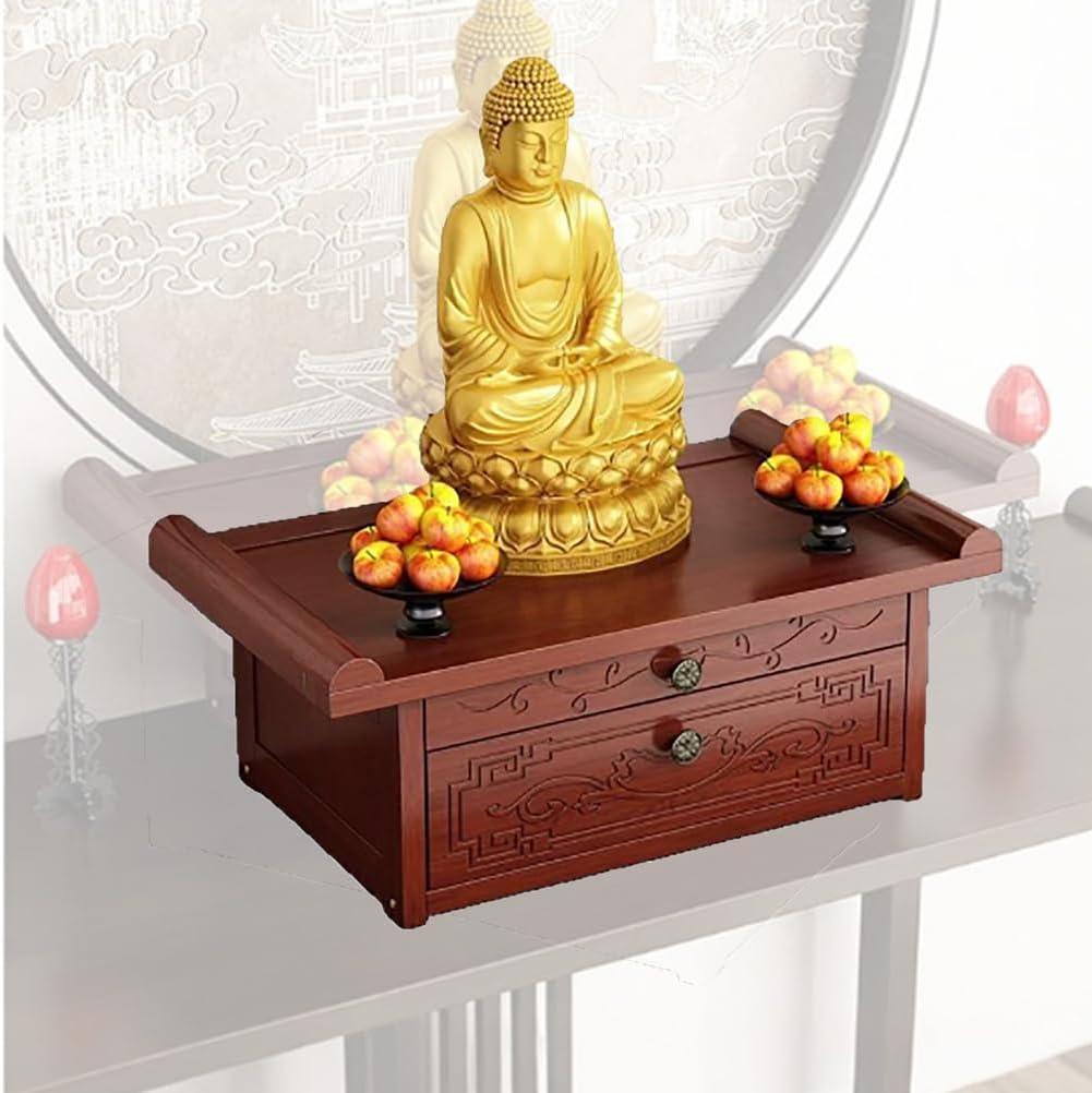 Prayer Meditation Table, Guanyin Display Pedestal Tables, Bamboo Buddhist Offering Niche for Pooja and Incense Tribute,Wood,15.7 * 11.8 * 7.5in