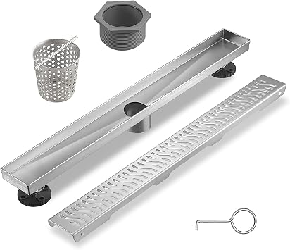Sharp-tec Linear Shower Drain, 24 inch Shower Drain with Removable Pattern Cover, Brushed Nickel 304 Stainless Steel Rectangle Floor Drain, Adjustable Feet and Hair Strainer Included