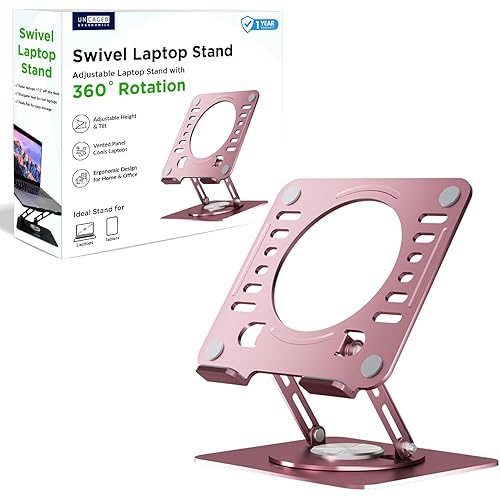 Uncaged Ergonomics Swivel Laptop Stand for Desk, Adjustable Computer iPad Stand for Desk w/ 360 Rotation, Portable Laptop Holder for Home Office Ergonomic Supplies (Rose Gold)