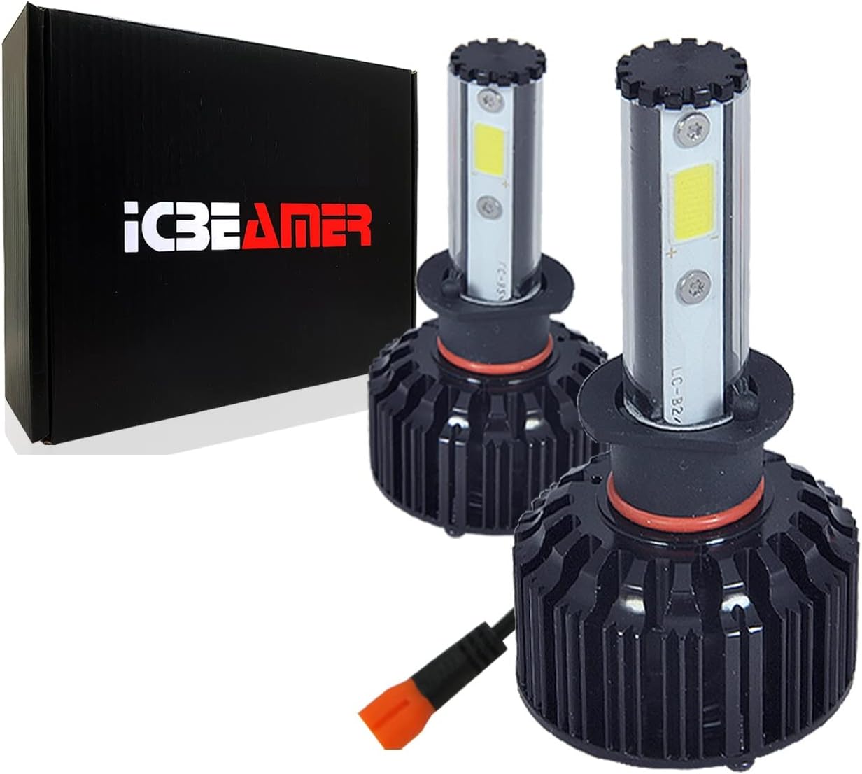 Two ICBEAMER H3 LED fog light bulbs and their product box.