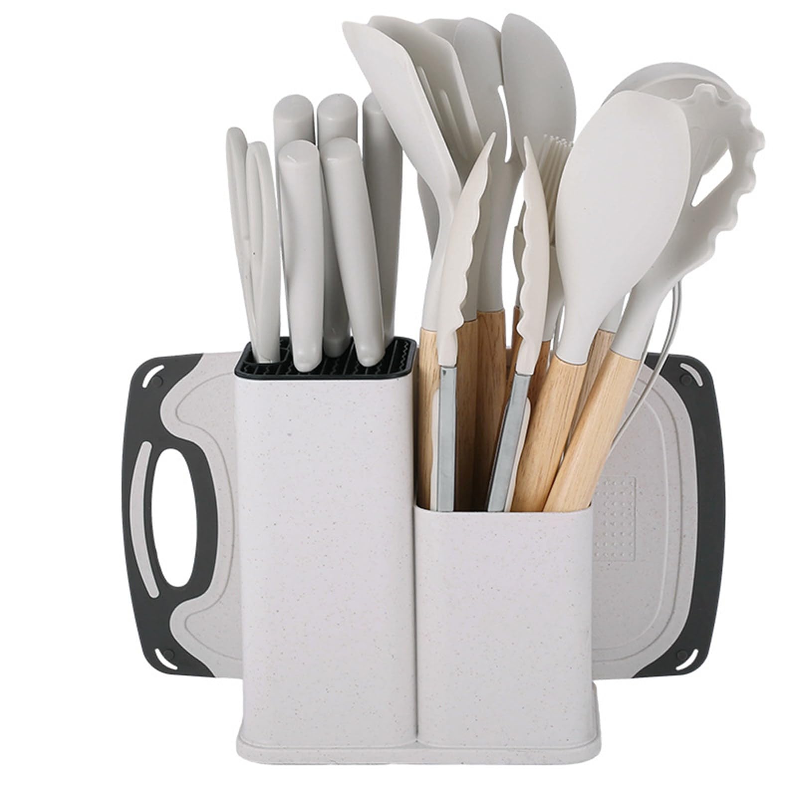 Set di 19 Utensili da Cucina in Silicone con Coltelli in Acciaio Inox E Supporto, Kit di Strumenti Antiaderenti con Manico in Legno per La Cucina Domestica Quotidiana off-White