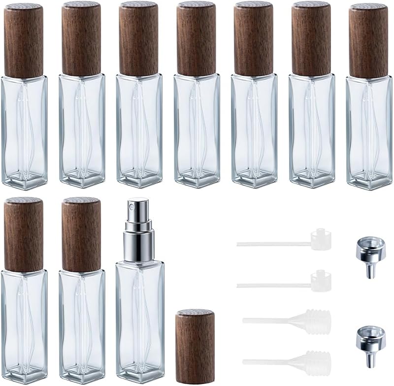 Frasco atomizador recarregável para perfume Cryslora com tampa de madeira, 10 mL, Pacote com 10