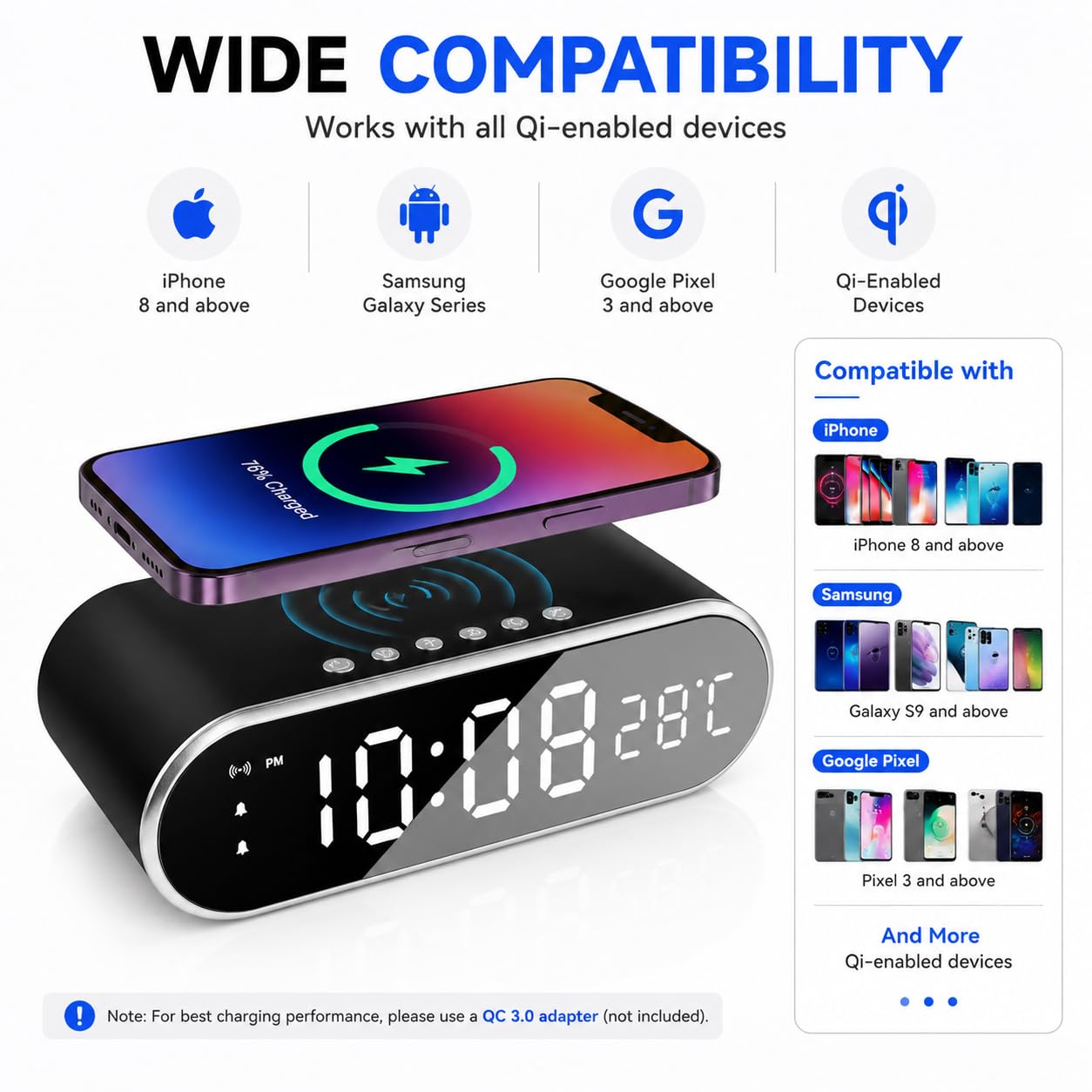 Sveglia per camere da letto con caricabatterie per telefono, piccolo orologio digitale da tavolo con visualizzazione della temperatura, sveglia con stazione di ricarica wireless, sveglia carina con