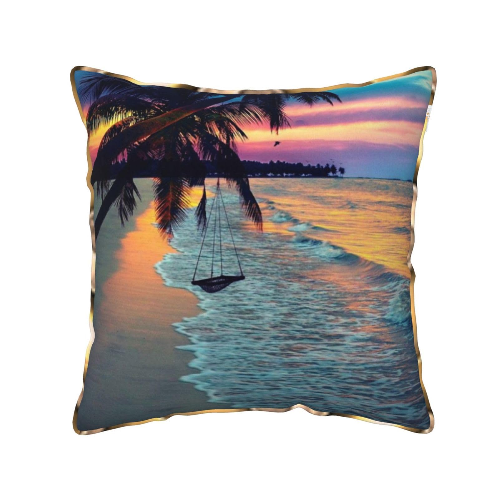 AUBKFELD Coconut Beach Sunset Hammock Printed Velvet Cushion Cover 45x45 CM with Gold Edging Strip, Square Pillowcase Soft Throw Pillow Covers Case Decorative for Living Room Sofa Couch Bed Bench