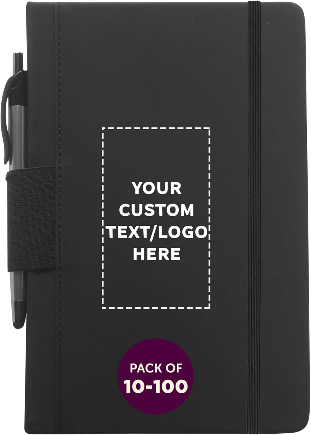 DISCOUNT PROMOS Custom Executive Notebooks with Pen Pack of 10/50/100 Personalized Text, Logo - 6 x 8.5 inches, Recycled, Pen Loop, Closure Strap - Black
