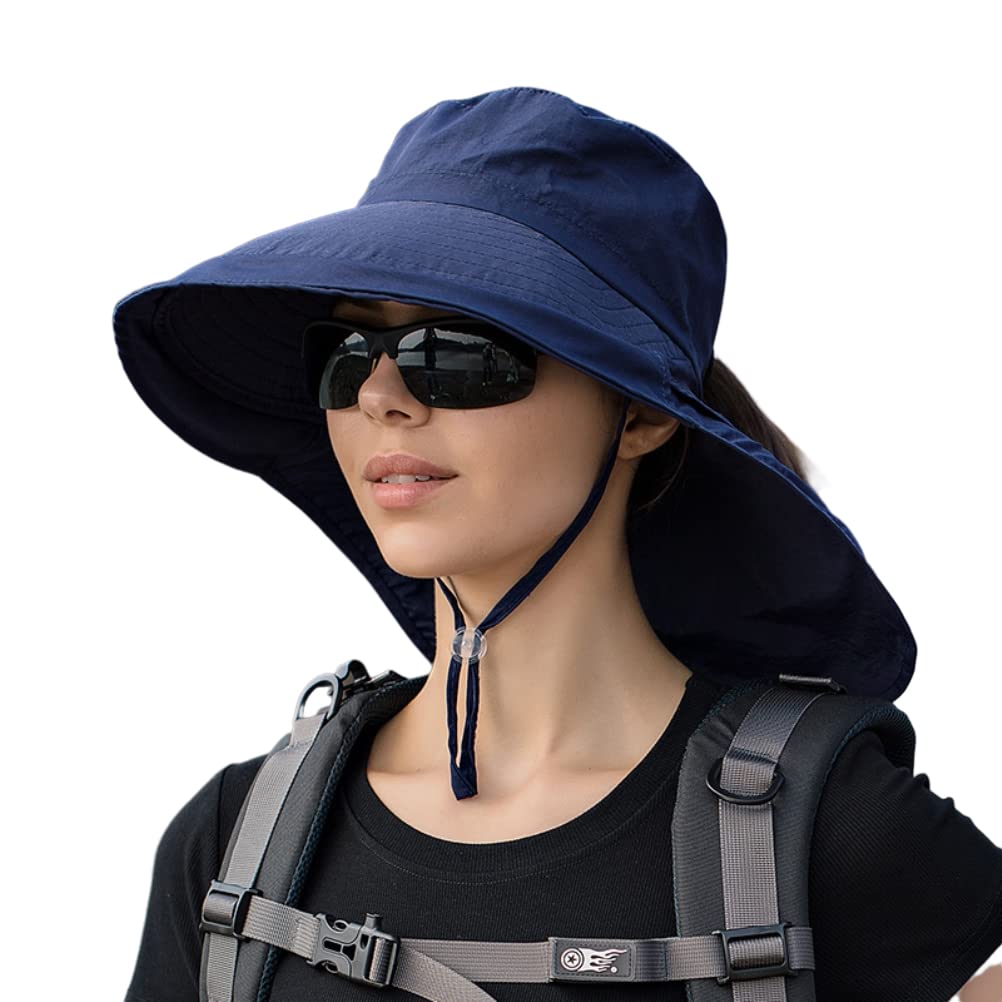 Women's wide-brimmed sun hat, sun hat with neck flap, UV protection summer hat, fisherman's hat with ponytail hole, chin strap for summer outdoors