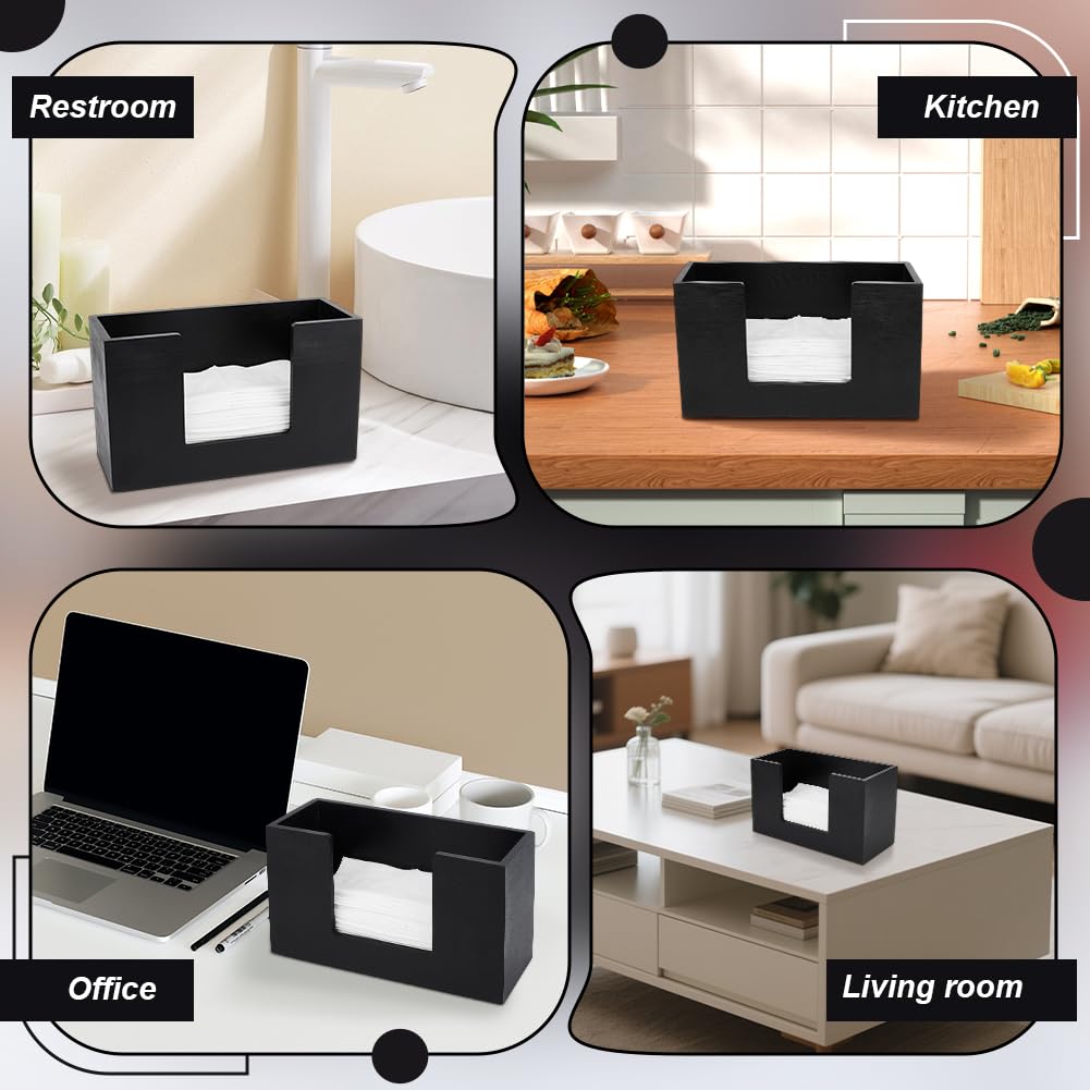 Paquete de 2 dispensadores de toallas de papel de madera, soporte multifuncional negro para cocina, baño, oficina, coche, ideal para plegado en Z y servilletas, elegante almacenamiento de encimera