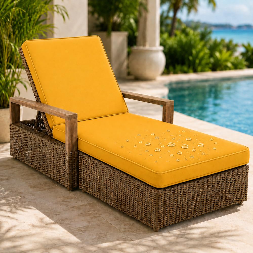 AZMAHT Sun Lounger Cushion Replacement Cushions Only, Waterproof 2 Section Lounger Cushion with Removable Cover, Anti-Slip Pad with 6 Straps for Garden Sunbed,Wheat Yellow,203x66x10cm