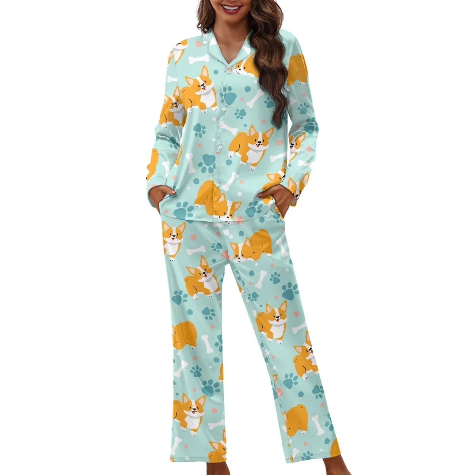 DISNIMOWomen Pajamas Set Soft Sleepwear Pjs Long Sleeve Button Down Nightwear with Long Pants XS-4XL