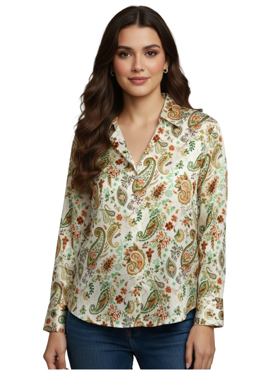 ANNI Designer Bedrucktes Damenhemd aus Baumwollmischgewebe, langärmelig, normale Passform, Kragen, legere Bürokleidung, elegante Western-Kleidung für den Alltag, Hochzeit, Party