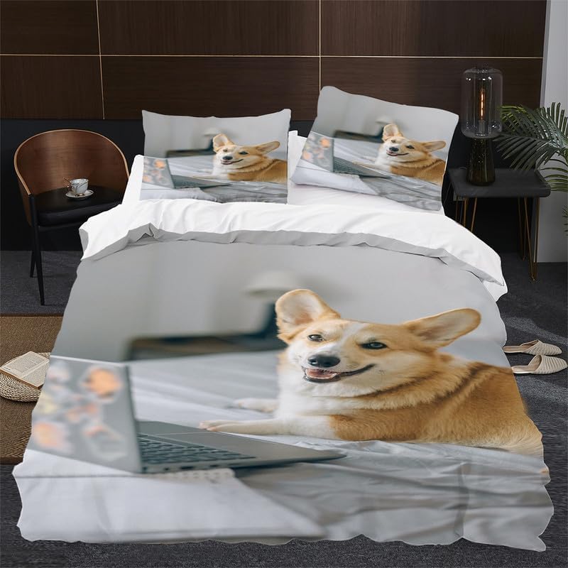 Dark Gray Corgi California King Duvet Cover Dog Print Bedding Soft Microfiber Comforter Cover and 2 Pillow Shams 20"X36", Bed Set Duvet Covers with