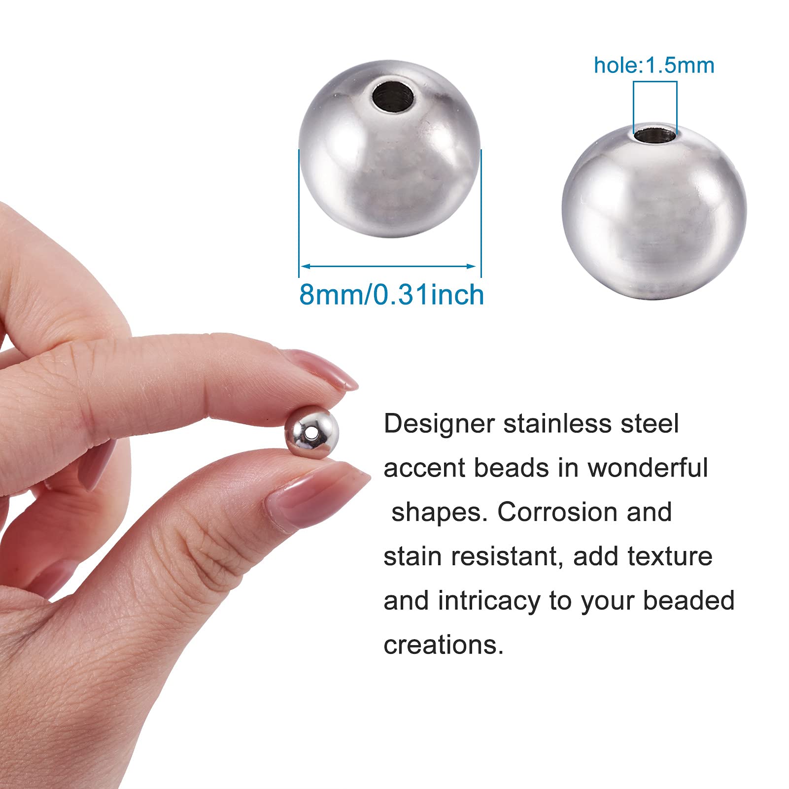 Cheriswelry 100pcs 8mm Solid Round Stainless Steel Spacers Loose Metal 304 Stainless Steel Seamless Bead Charms for Jewellery Keychain Making Hole:1.5mm - Image 3