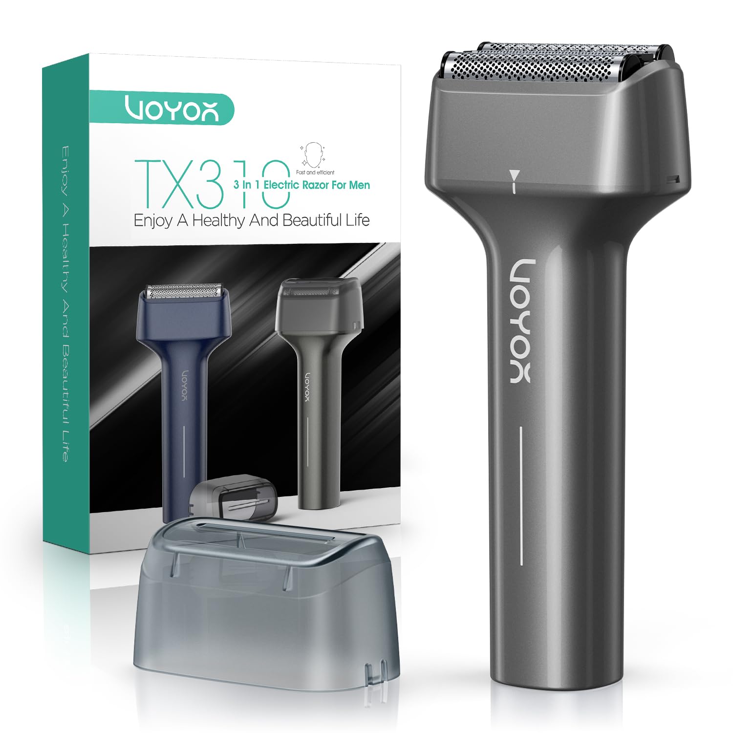 VOYOR Afeitadora Eléctrica Hombre 3 En 1 Portátil IPX6 Impermeable Flotante De Láminas Recargable E Inalámbrica TX310 (Gris)