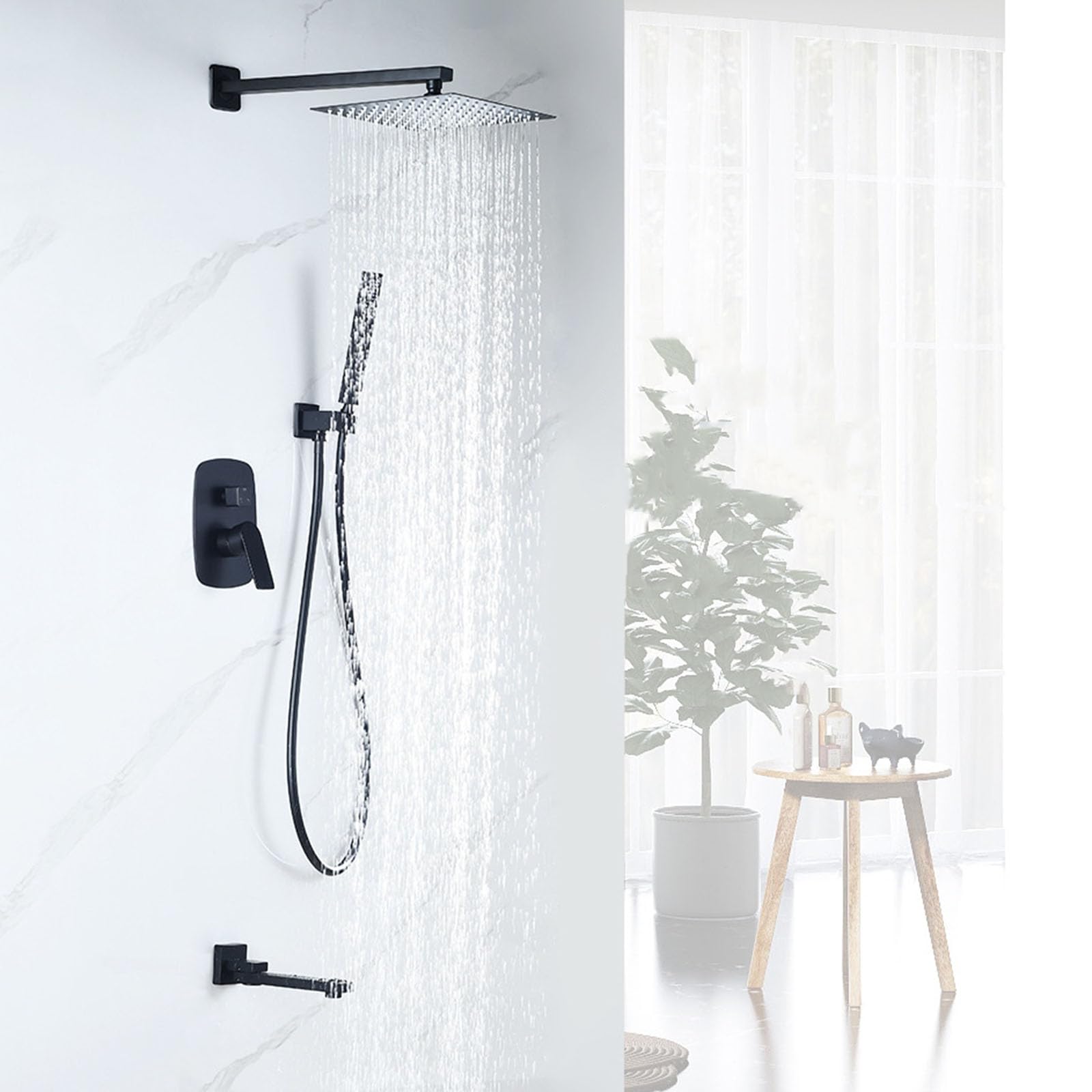 Mélangeur de douche dissimulé noir encastré avec pommeau carré 300x300 mm LWX
