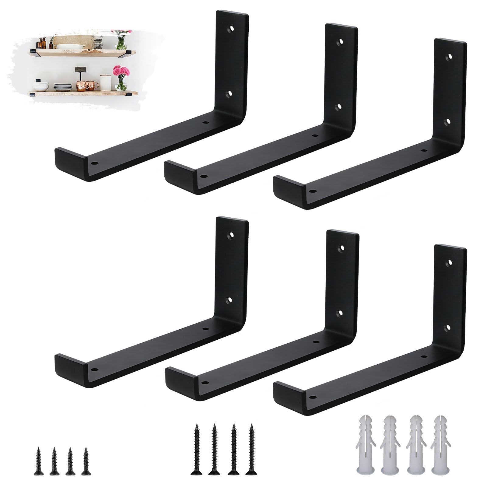 VTOPVMAX Scaffold Board Shelf Brackets 6 Pack - 5mm Thick Steel Heavy Duty Shelf Supports with Lips for 9 x 4 Inch (22.5cm x 10cm), Industrial Rustic Black Wall Shelf Brackets Kit