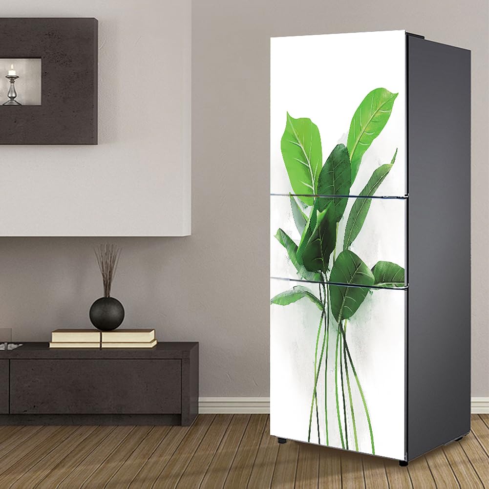 Fridge Sticker, Fridge Sticker Full Covering Door Covers Skins Wall Stickers for Kitchen Decal, Green Leaves White(M: 60x180 cm)