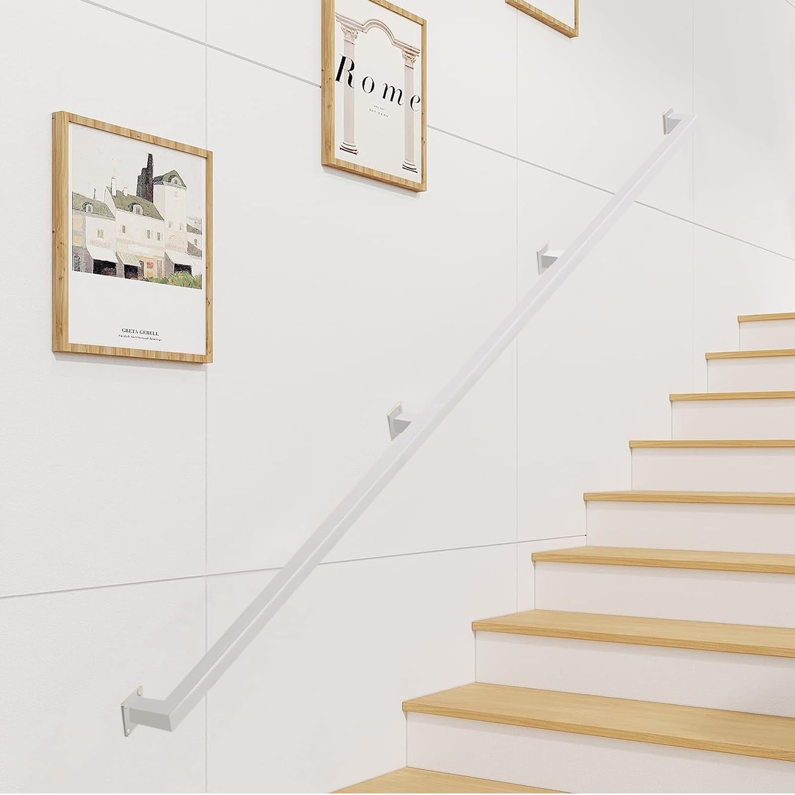 Gyeqxkt White Square Staircase Rail Wrought Iron Wall Mount Bannister Safety Railing For Indoor Outdoor Steps 14Ft/420Cm