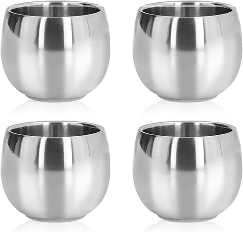 4 tazas de café de acero inoxidable, doble pared aisladas reutilizables de metal expreso, tazas de té