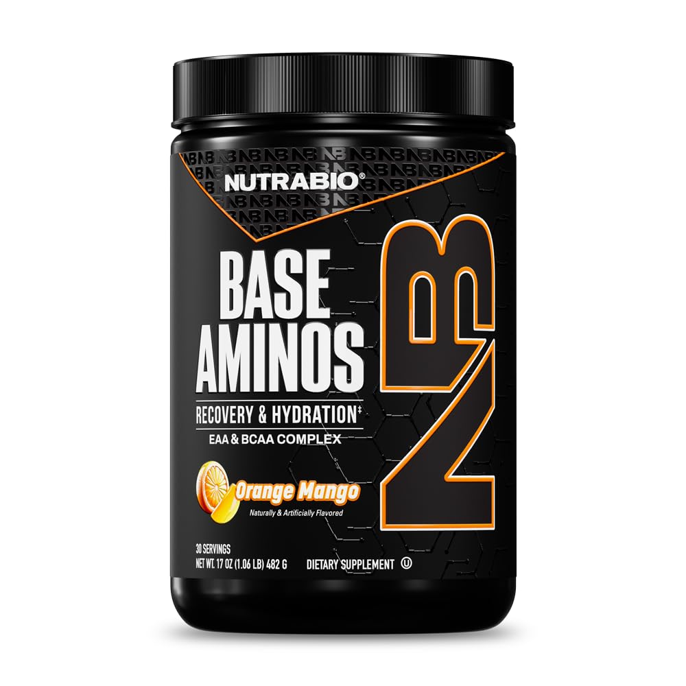 NutraBio Base Aminos EAA + BCAA Powder –10g Essential Amino Acids Supplement, 6g 2:1:1 BCAAs, 2.8g Hydration Matrix with Electrolytes & Absorption Enhancer AstraGin® – 30 Servings- Orange Mango
