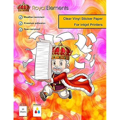 Royal Elements Clear Printable Vinyl Sticker Paper for Inkjet Printers - 20 Waterproof Sheets Cover