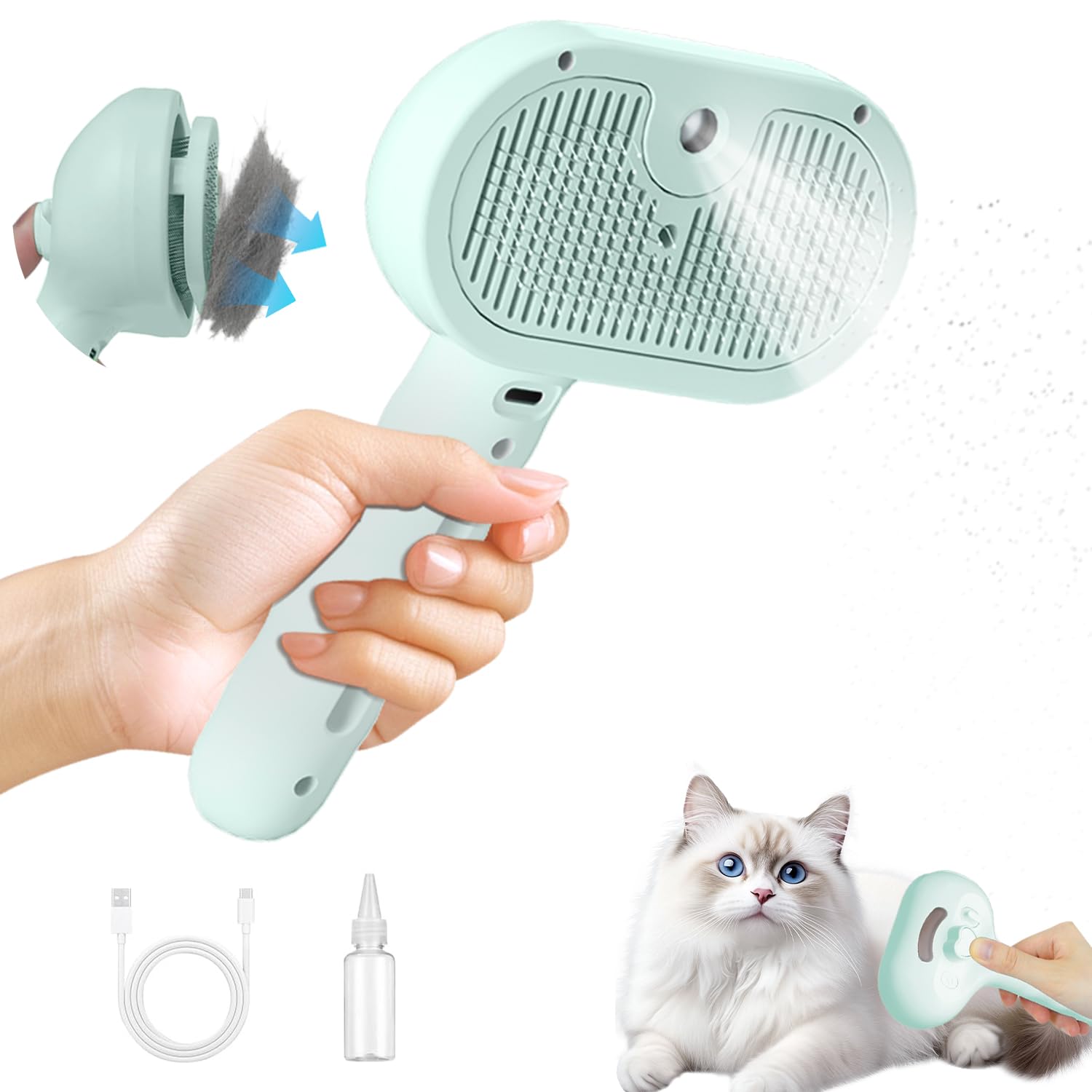 Cepillo Vapor Para Gato Autolimpiante y Masaje Cepillo a Vapor Para Gatos Con Botón De Liberación Adecuado Tanto Para Gatos Como Para Perros De Pelo Corto y LargoCepillo Gato VaporRecargable(Verde)