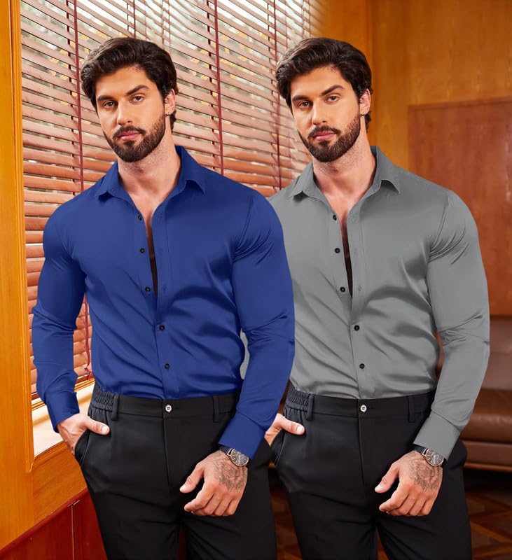 Image of Combo of Men's Premium Satin Cotton Shirt with Full Sleeves & Spread Collar | Smooth Finish | Slim Fit | Stylish Button Down Shirt for Evening, Casual Pack of 2