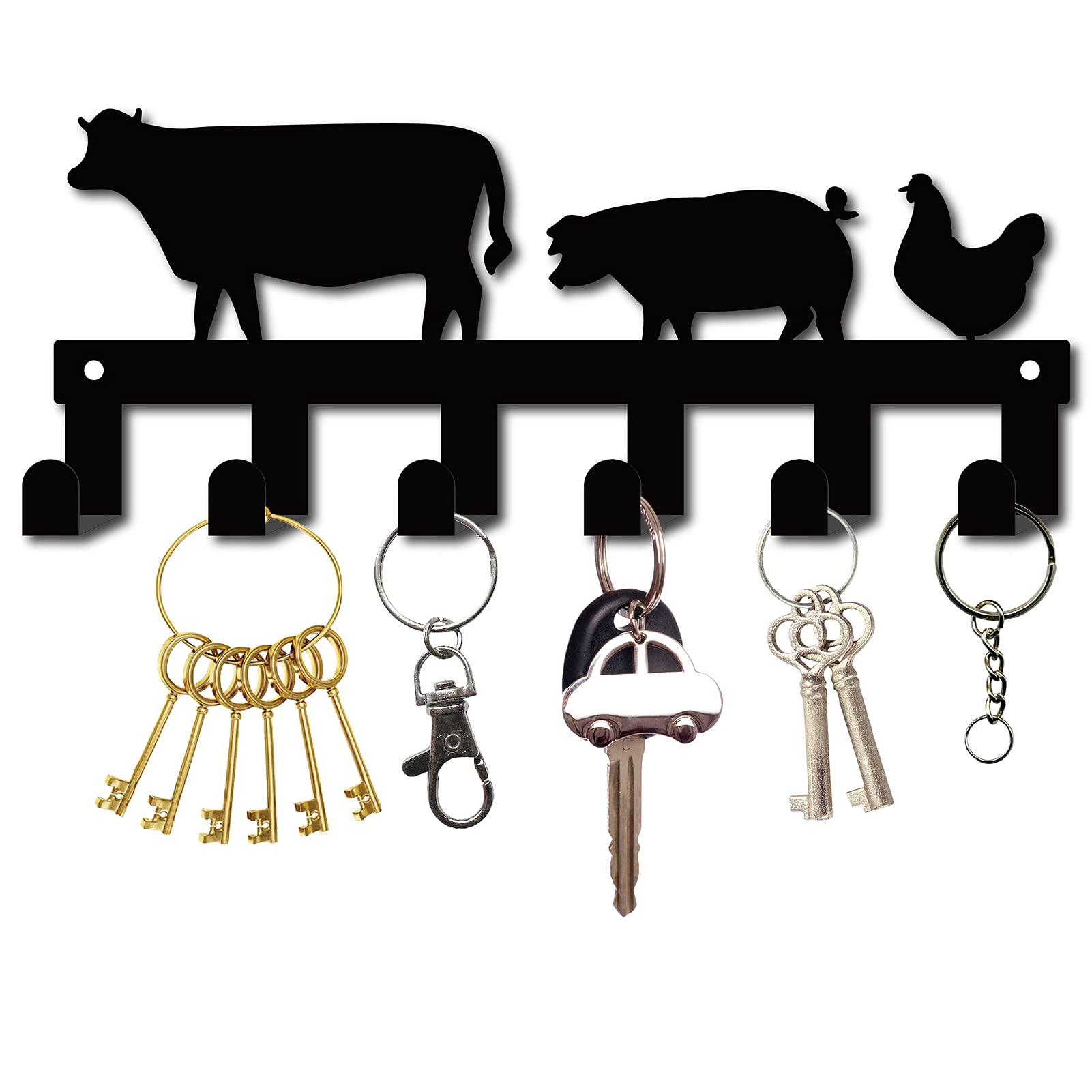 CREATCABIN Metal Key Holder Black Key Hooks Wall Mount Hanger Decor Iron Hanging Organizer Rock Decorative with 6 Hooks Cow and Pig and Chicken for Front Door Entryway Cabinet Hat Towel 10.6 x 4.3inch
