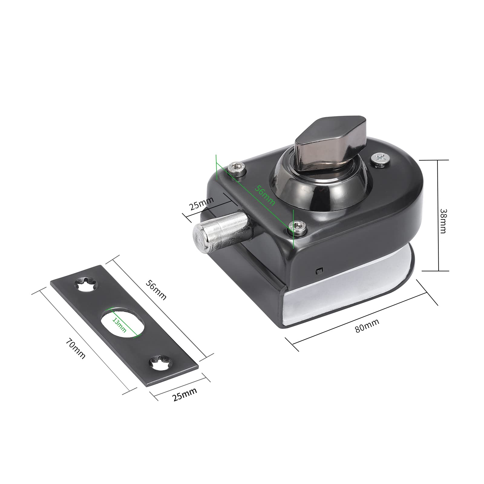 Ranbo Frameless Swinging Door Floor Bolt Lock, No-Drill, 304 Stainless Steel, for 3/8''-1/2''(10mm-12mm) Sliding Glass Doors - Image 2