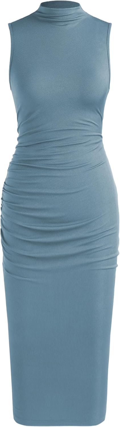 CIDER Bodycon Dresses for Women Mock High Neck Sleeveless Ruched Dresses Summer Cocktail Work Midi Dress Trendy
