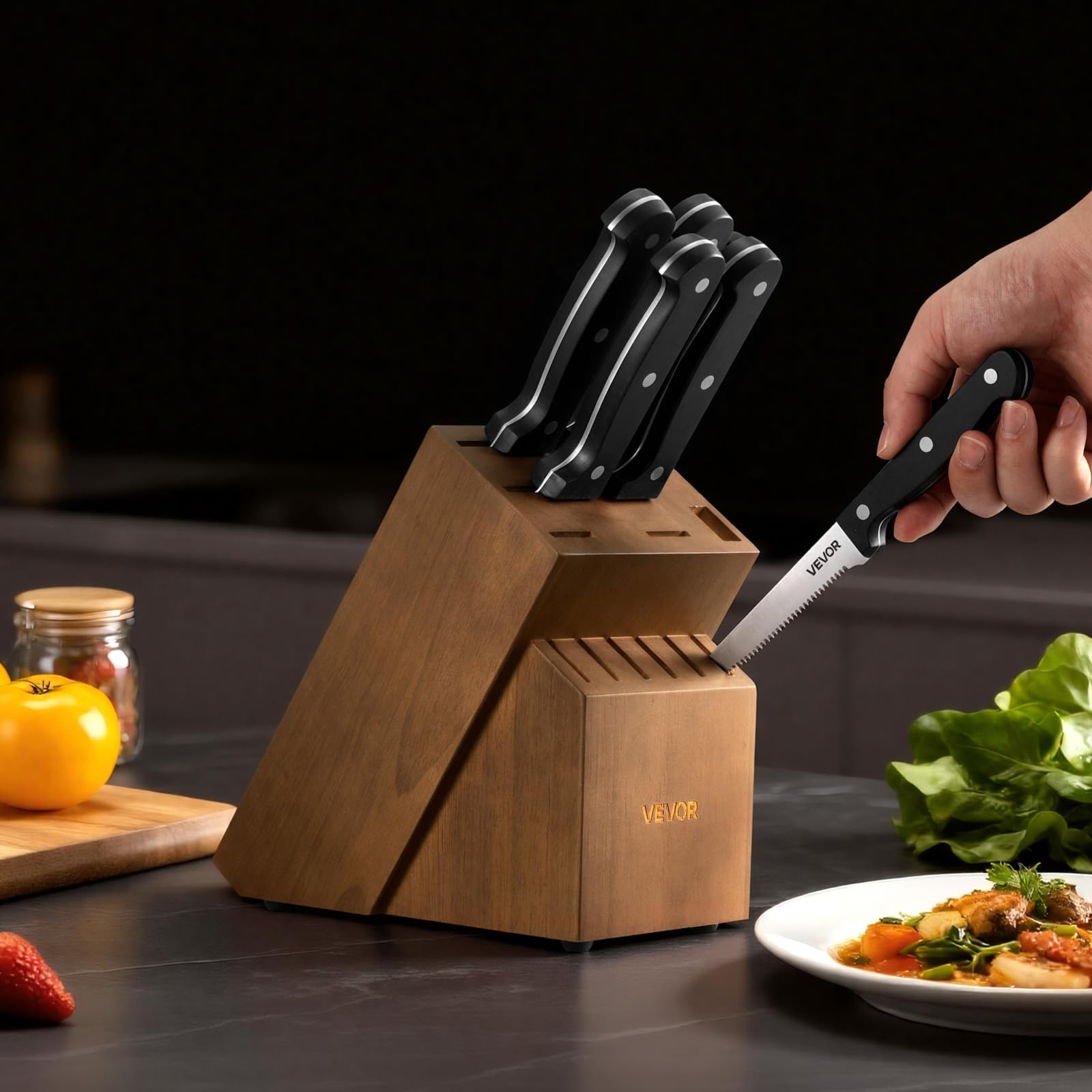 VEVOR Set di Coltelli da Cucina con Ceppo Portacoltelli Legno di Gomma e Acciaino da 15 Pezzi in Acciaio Inossidabile ad Alto Tenore di Carbonio, Coltello da Cucina con Impugnatura Ergonomica in ABS