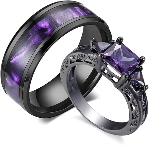 XAHH Anillos para parejas para él y ella, chapado en oro negro, anillo de boda de promesa para mujer, circonita cúbica púrpura, circonita cúbica,