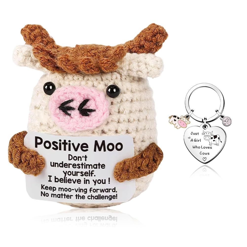 Positive Moo With Funny Cow Keychains Set,Emotional Support Crochet Handmade Knitted Cow Animal Doll,Good Luck Gifts With Cards Christmas Birthday Gift For Women Men Family Coworker Friends