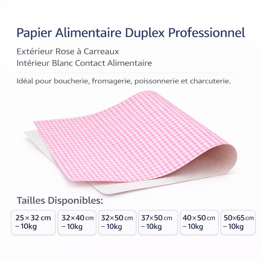Papier Alimentaire Duplex Satiné Fond Rose – 40x50 cm – 10 kg – Papier d’Emballage Alimentaire Professionnel pour Boucherie, Fromagerie, Poissonnerie, Charcuterie, Traiteur et Cuisine Professionnelle