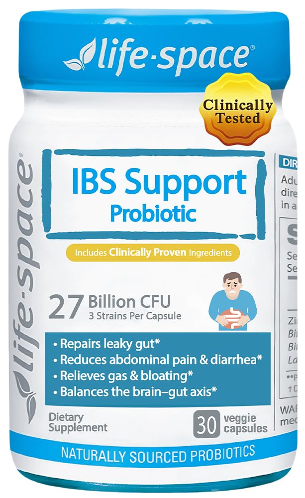 Life-Space IBS Support Probiotic, Clinically Poven to IBS Relief, 4 in 1 Probiotics for Women and Men, 27 Billion CFU, Supports Reduce Symptoms of IBS, Include Bloating, Gas & Diarrhea, 30 ct