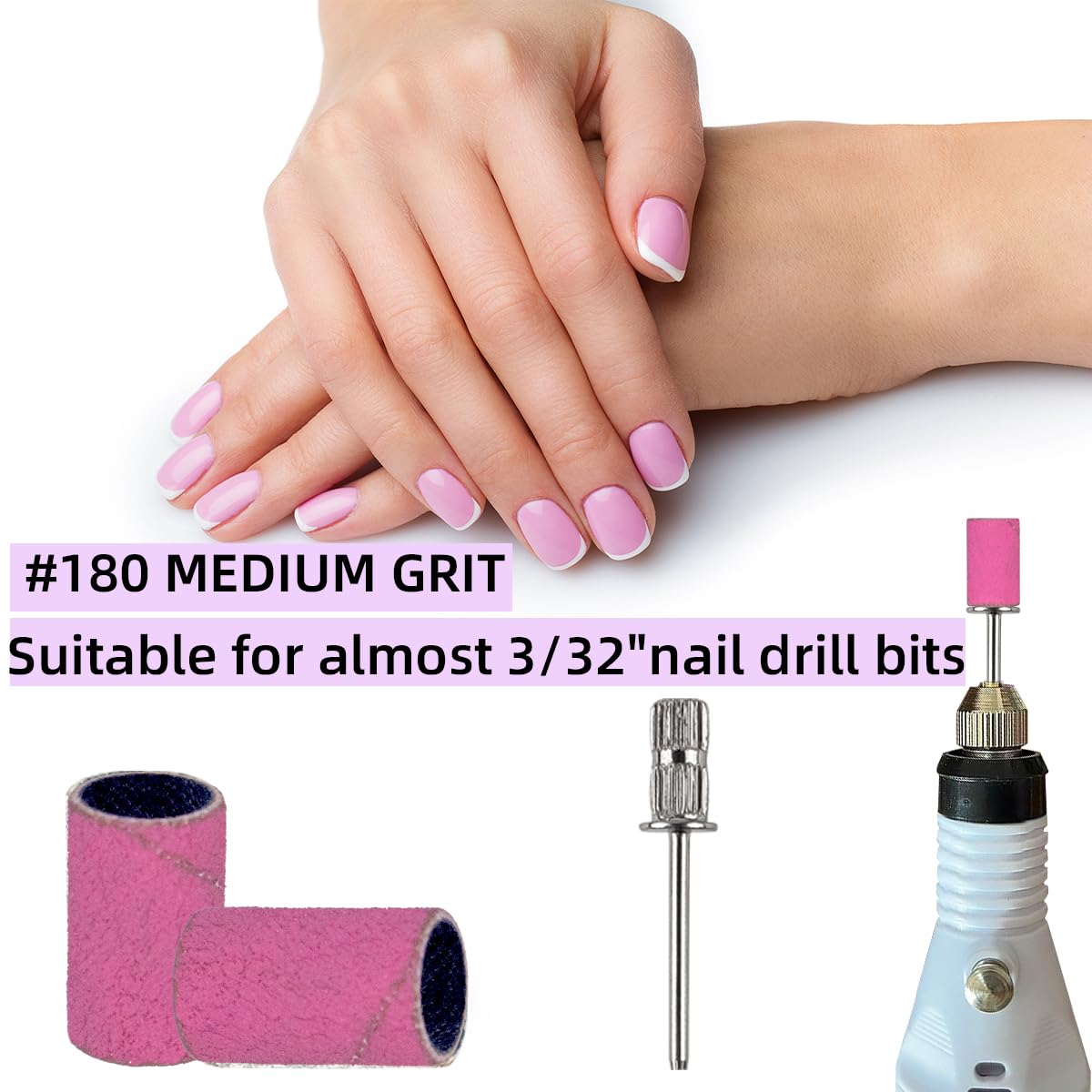 100 unidades (grano 180 rosa) Brocas de lijado para uñas con 0.3 pulgadas de diámetro, brocas de grano fino extremo, brocas de mandril de mejora de banda de lijado, broca profesional para uñas