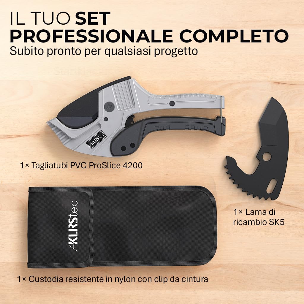 KLRStec Set tagliatubi professionale per tubi in PVC ProSlice 4200 (42 mm / 1-5/8") Tagliatubi a Cricchetto – Include Lama di Ricambio e Custodia in Nylon con Clip