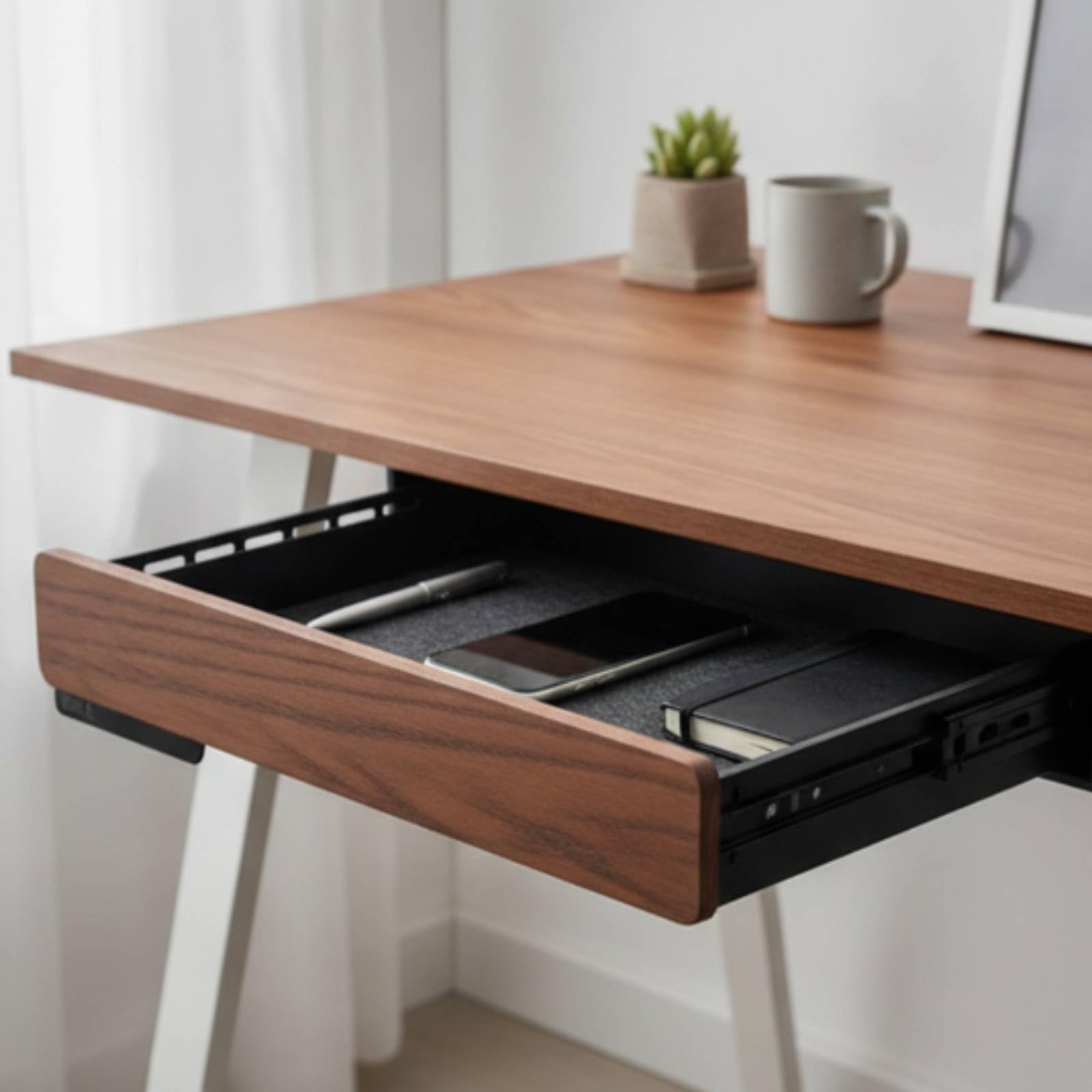 Cassetto Sottoscrivania Scorrevole Organizer Ufficio Portaoggetti Vassoio Portaaccessori in Acciaio E Rovere con Guide Fluide Interno in Feltro, Noce Nero