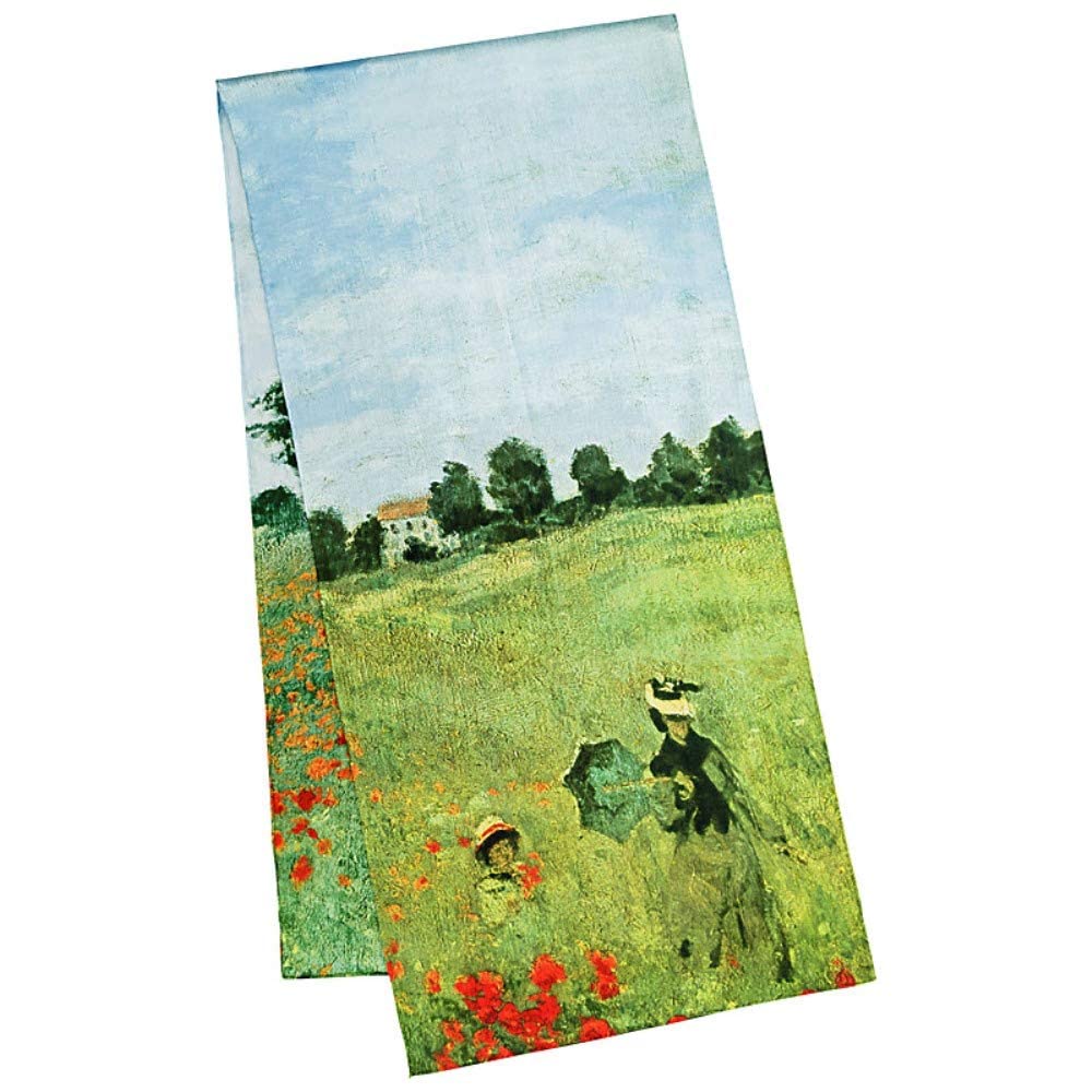VON LILIENFELD Schal Damen 100% Seide Claude Monet Mohnblumenfeld Kunst Motiv Halstuch Seidenschal Seidentuch Kanten handgerollt 172 x 42 cm