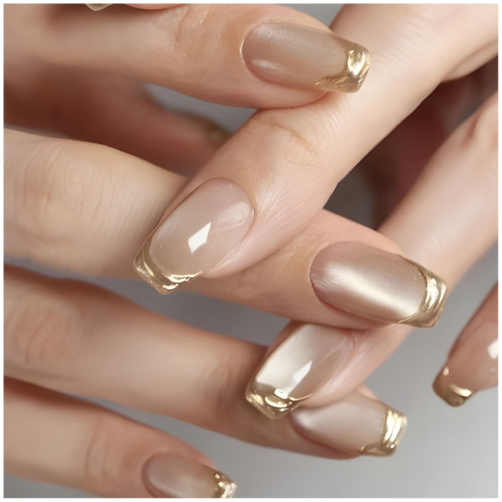 24Pcs Cat Eye Press On Nails, Reusable Artificial Nails for Women, French Glitter with Gold Tips, Nail Extension Kit, Easy Application for Parties, Weddings and Daily Use