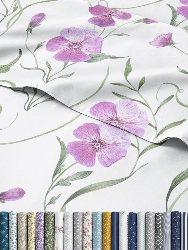 Floral Sheets - Pink Floral Bed Sheet Set - 1 Flat, 1 Fitted & 1 Pillowcase w/ Deep Pockets - Comfy, Wrinkle & Fade Free - Boho Botanical Bedding -