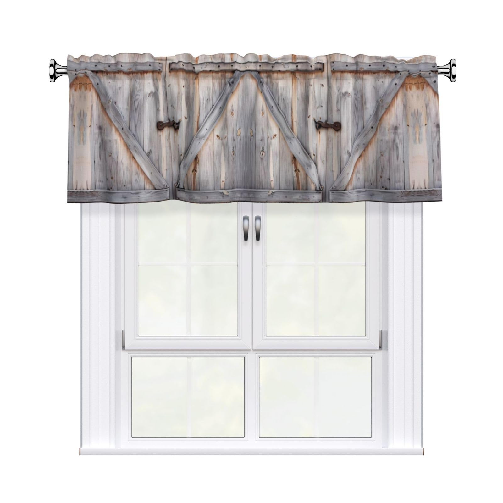 WHJSHOP Country Barn Wood Door Prints Curtain Valance 54x18 Inch - Peach Skin Window Layer with Delicate Print, Filtered Light for Kitchen Use