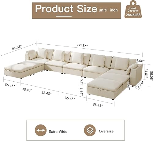Miniatura 2 de GraceNook Sofá modular beige, sofá de algodón Queen de 9 plazas con almohadas, sofá cama modular en forma de U, 4 tumbonas extraíbles (sofá