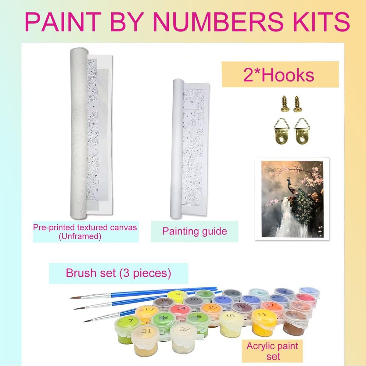 Dipingere con i Numeri Pavone, Paint by Numbers Adulti Cascata, Fai da te Creativi Adulti Quadri da Dipingere Numerati Kit per Decorazione Della Parete di Casa, Regalo 70x95 cm Senza Cornice BG-9