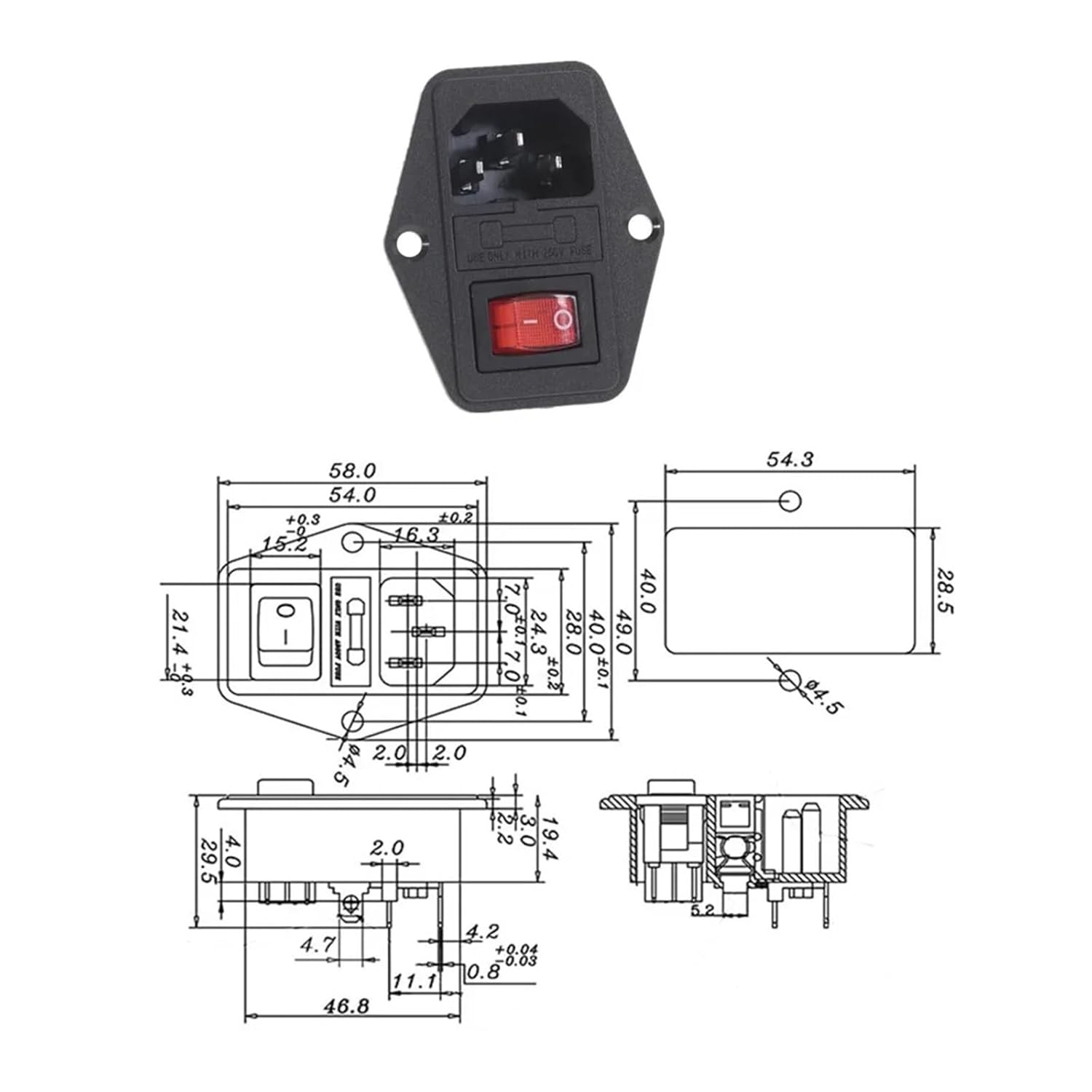 Red Rocker Switch Fuse IEC320 C14 Inlet Power Socket Fuse Connector and Fuse(AC-1-Green)