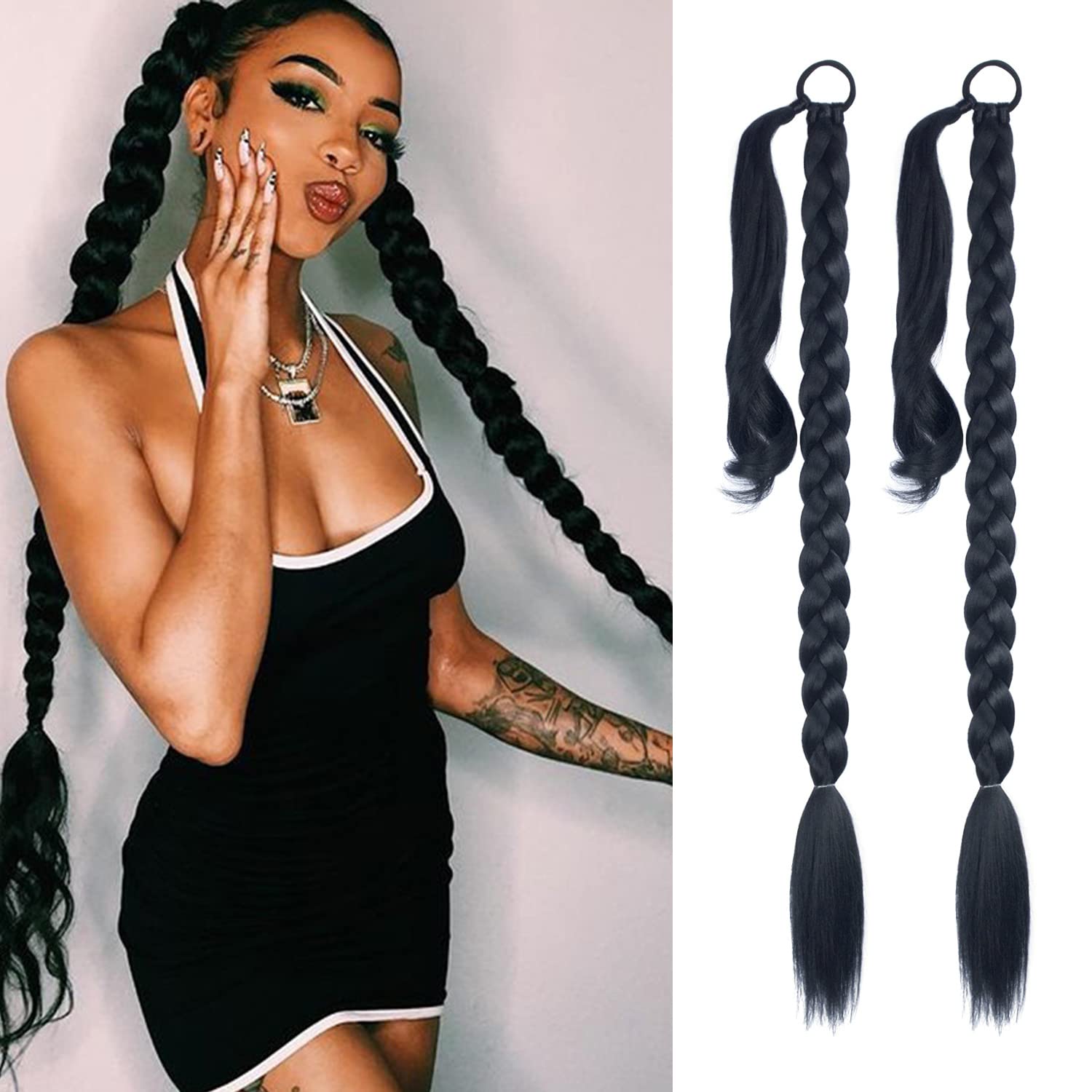 Photo 1 of 2 Pack Long DIY Braided Ponytail Extension with Hair Tie Straight Wrap Around Hair Extensions Ponytail(1B#)